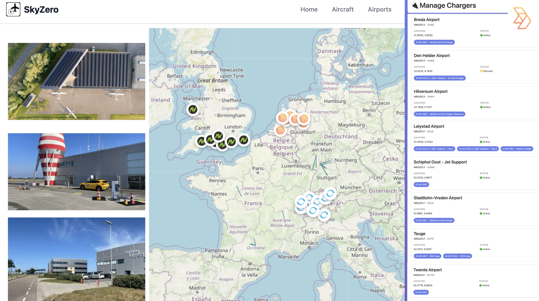 SkyZero platform showing NRG2fly charging network across Europe